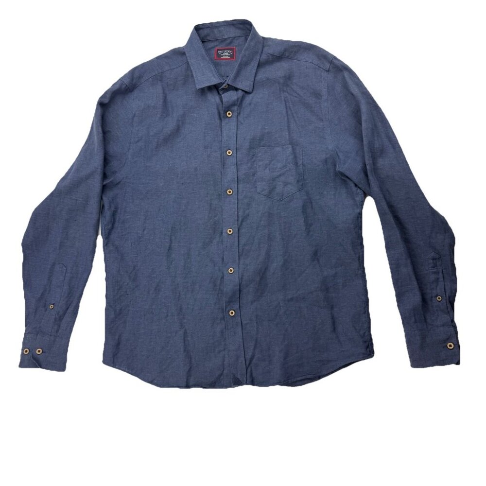 Untuckit Mens L Blue Santo Navy Linen Long Sleeve Button Up Shirt